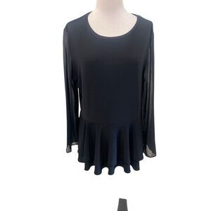 DKNY Women's Semi Sheer Long Sleeve Ruffled Hem Peplum Top Black Size Large